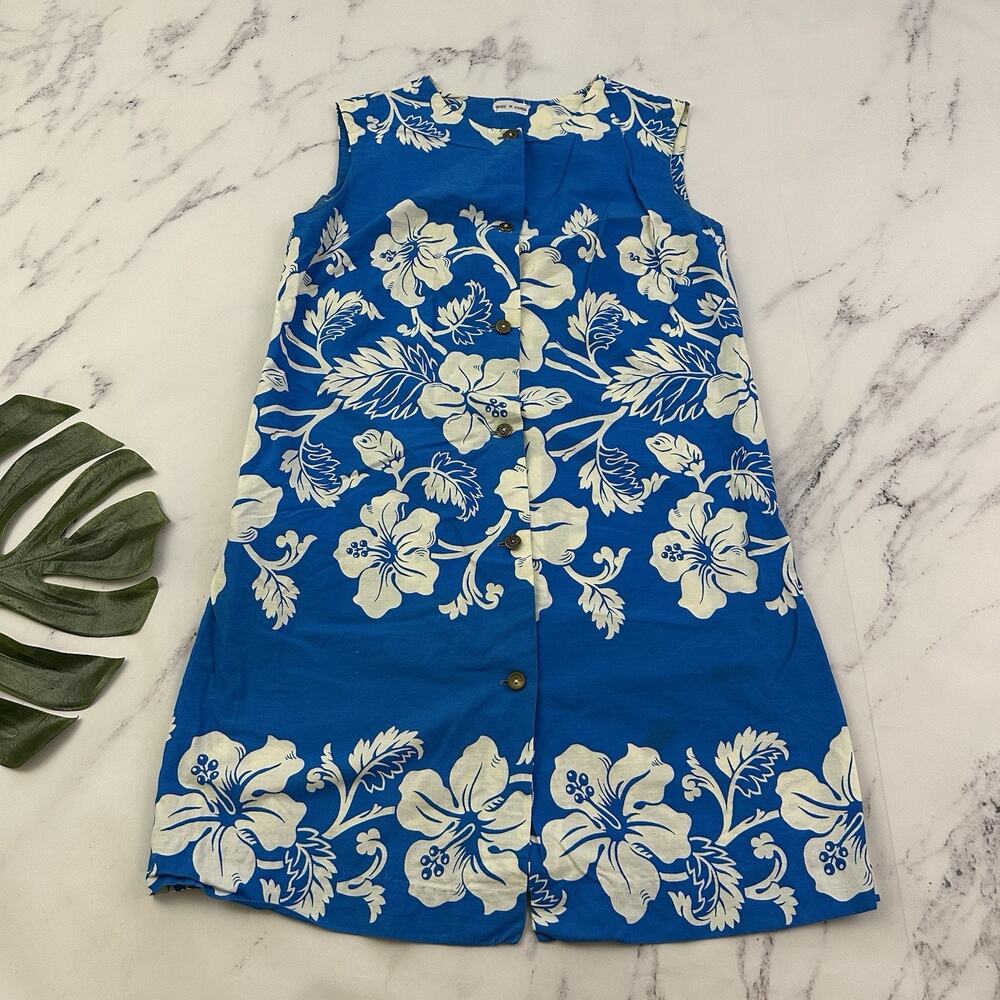 Womens Vintage 70s Made in Hawaii Shift Dress Size M Blue White Tropical Short
